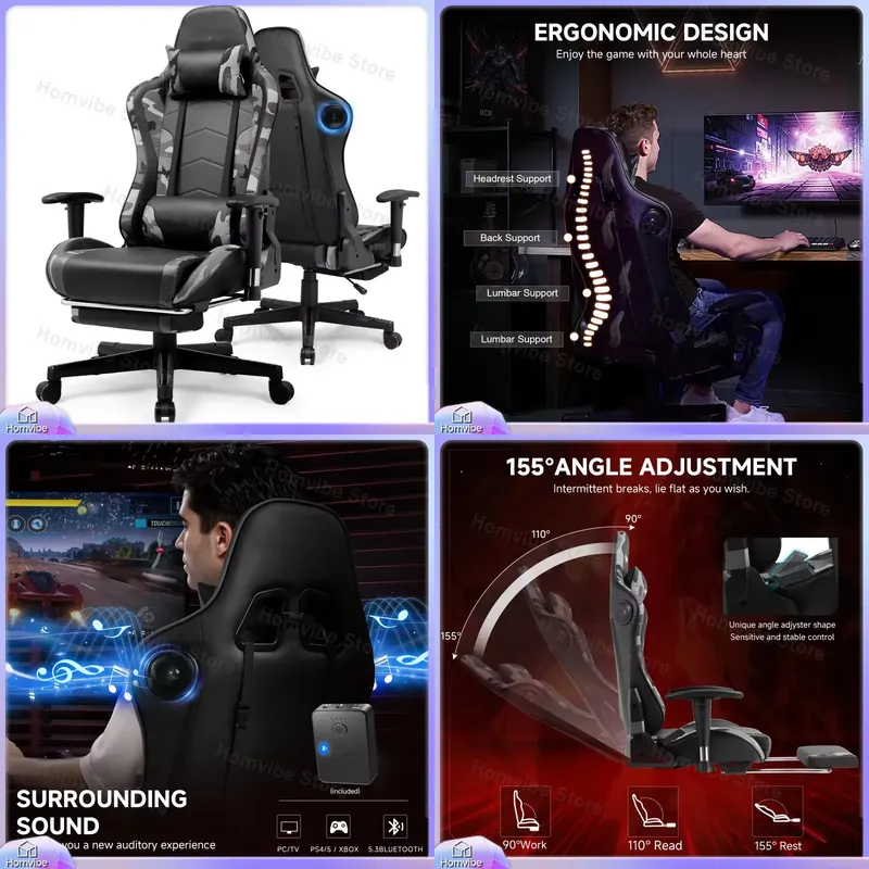 Gaming Speaker - Ergonomischer Gaming-Stuhl mit Bluetooth-Lautsprechern, 2D-verstellbaren Armlehnen,